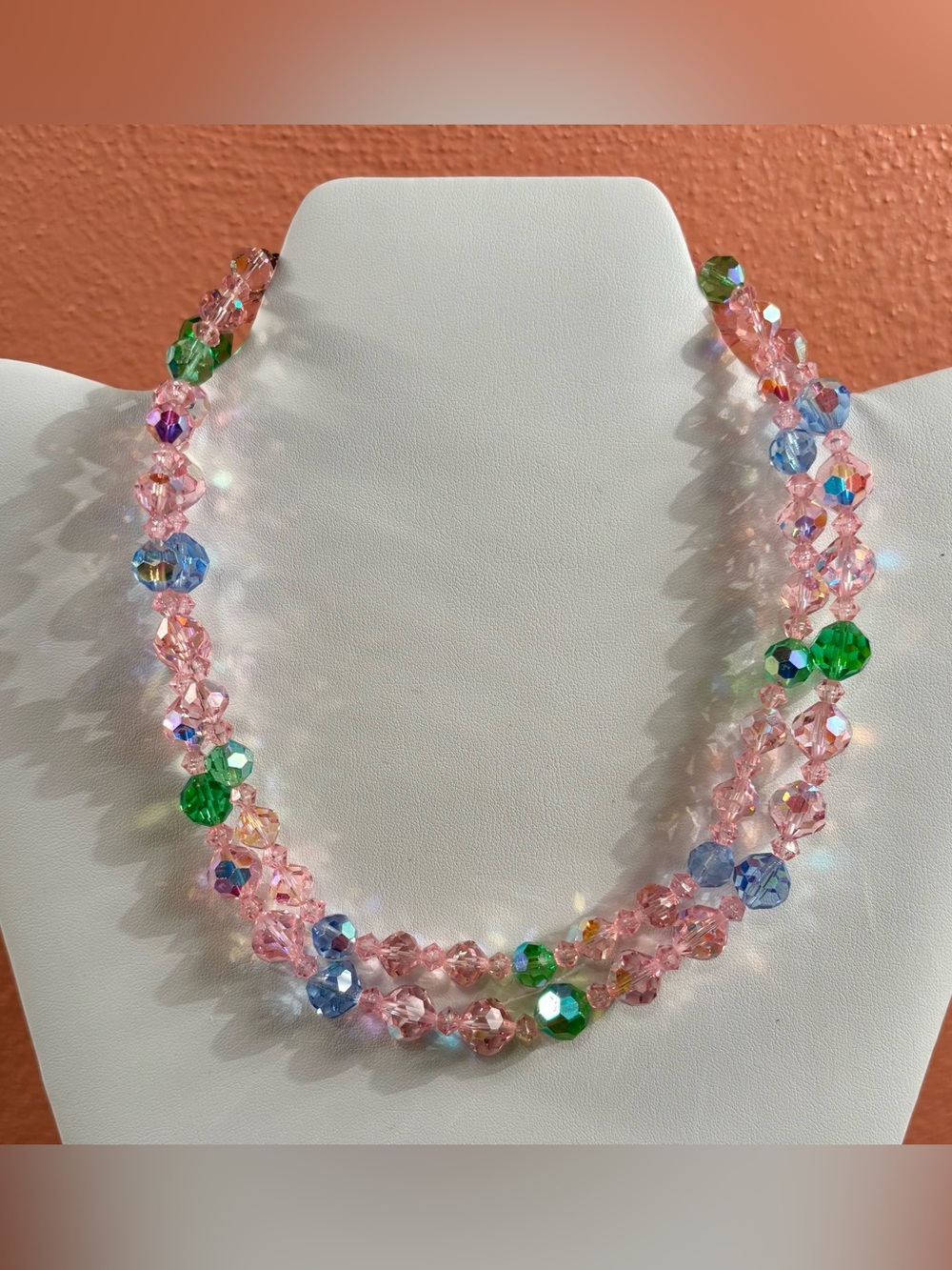 Vintage Double Strand Pink Aurora Borealis Crystal Bead Necklace Blue Green